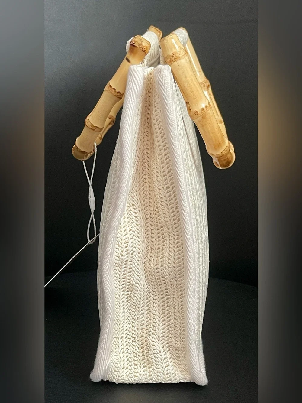 Tommy Bahama Cream Woven Raffia Tote with Bamboo Handles & Crossbody Chain